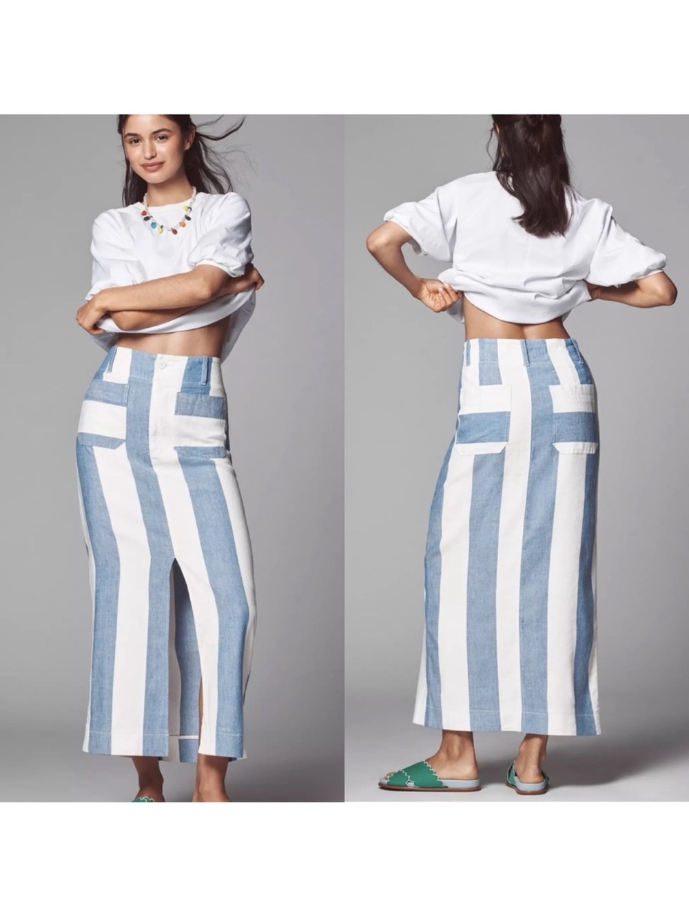 Anthropolologie Colette Line Blend Stripe Maxi Skirt in Blue Stripe Size L